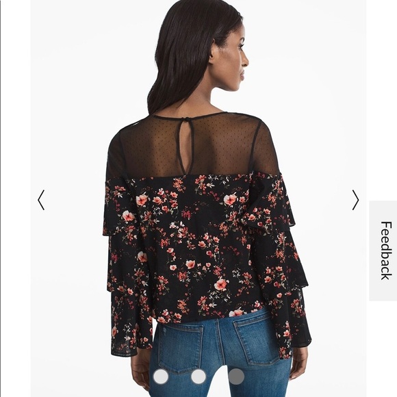 NWOT WHBM Floral print / mesh dot / blouse tiered bell sleeves stretch Small - Picture 3 of 12